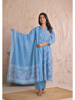 Aravalii - Blue Floral Anarkali Kurta with Pant & Dupatta (Set of 3)