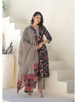 Aravalii - Black Floral Anarkali Kurta with Pant & Dupatta (Set of 3)