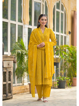 Aravalii - Mustard Printed Anarkali Kurta with Pant & Dupatta (Set of 3)