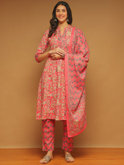 Aravalii - Pink Floral Angarkha Kurta with Pant & Dupatta (Set of 3)