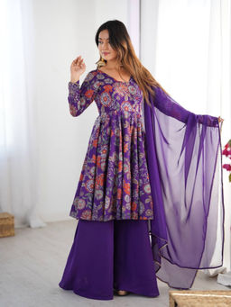 JATRIQQ - Purple Pure Roman Silk With Print Kediya Kurta with Palazzo & Dupatta (Set of 3)