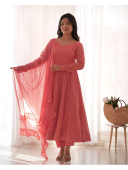 JATRIQQ - Peach Heavy With Lukhnowi Work Anarkali Kurta with Pant & Dupatta (Set of 3)