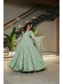 JATRIQQ - Pista Pure Roman Silk Chanderi Anarkali Kurta with Pant & Dupatta (Set of 3)
