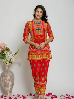 KAFTANIZE - Vibrant Red Multi Color With Beads & Mirror Work Detailed Co-Ord (Set of 2)