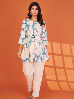 KAFTANIZE - Cream Base Pale Blue Sequin Work Tassel Bottom Embroidered Co-Ord (Set of 2)