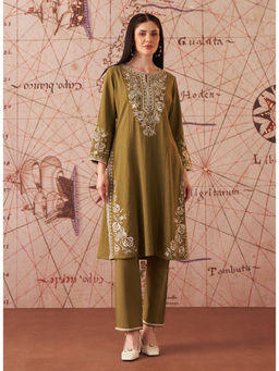 Lakshita - Women Olive Embroidered Cotton Kurta with Pant (Set of 2)