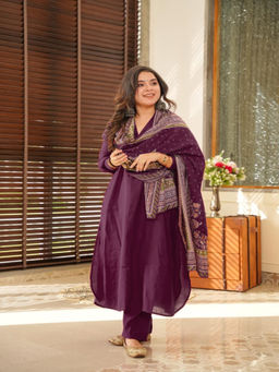 BLACK SCISSOR - Women Purple South Cotton Solid Flared Kurta with Pant & Dupatta (Set of 3)