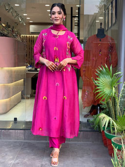 BLACK SCISSOR - Women Pink Embroidered Anarkali Kurta with Pant & Dupatta (Set of 3)