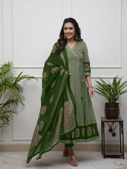 BLACK SCISSOR - Women Green Cotton Blend Solid Anarkali Kurta with Pant & Dupatta (Set of 3)