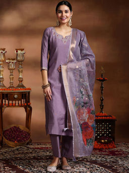 BLACK SCISSOR - Women Mauve Viscose Embroidered Kurta with Pant & Dupatta (Set of 3)