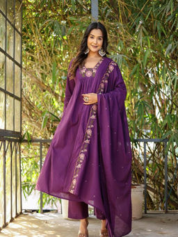 BLACK SCISSOR - Women Purple Embroidered Flared Anarkali Kurta with Pant & Dupatta (Set of 3)