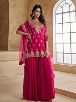 BLACK SCISSOR - Women Pink Georgette Embroidered Short Kurta with Sharara & Dupatta (Set of 3)