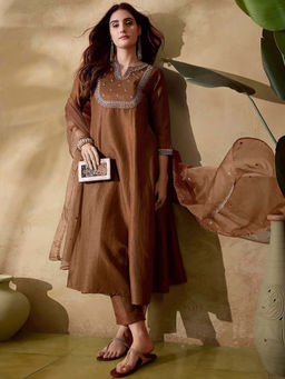 BLACK SCISSOR - Women Brown Embroidered Flared Kurta with Pant & Dupatta (Set of 3)