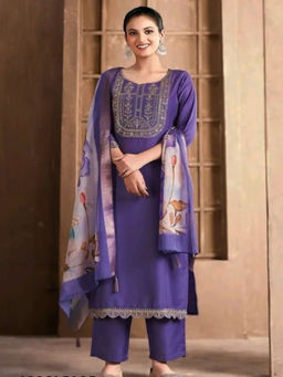 BLACK SCISSOR - Women Purple Embroidered Straight Kurta with Pant & Dupatta (Set of 3)