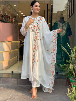 BLACK SCISSOR - Women White Viscose Embroidered Flared Kurta with Pant & Dupatta (Set of 3)