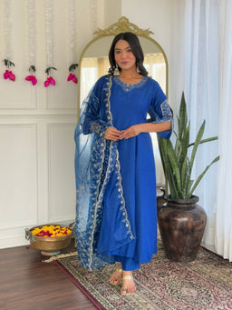 BLACK SCISSOR - Women Blue Viscose Silk Embroidered Flared Kurta with Pant & Dupatta (Set of 3)