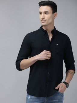 The Bear House - Men Navy Blue Slim Fit Solid Rayon Lycra Casual Shirt