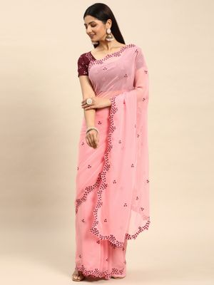 Pink Embroidered Crepe Saree With Unstitched Blouse Piece main image 0