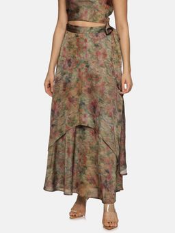 IS.U - Floral Brown Asymmetrical Flare Maxi Skirt