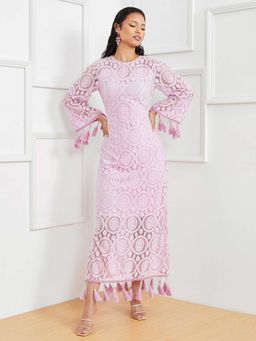 Styli - Purple Long Sleeves Lace Insert A-line Maxi Dress With Tassel Detail