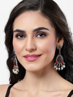 Moedbuille - Red Agate & Pearls Studded Oxidised Silver Plated Handcrafted Antique Earrings