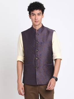 Turtle - Men Terylene Rayon Blue Printed Formal Nehru Jacket