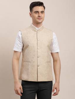 Turtle - Men Terylene Rayon Beige Solid Formal Nehru Jacket