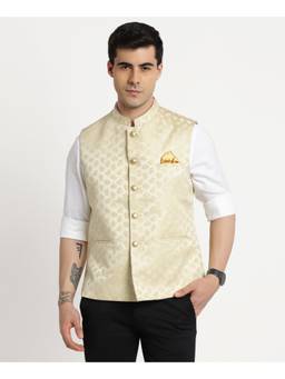 Turtle - Men Polyester Beige Dobby Print Formal Nehru Jacket