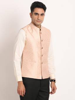 Turtle - Men Polyester Light Peach Dobby Print Formal Nehru Jacket