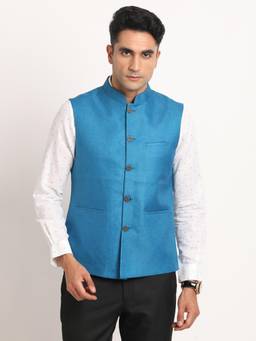 Turtle - Men Polyester Solid Slim Fit Teal Blue Nehru Jacket