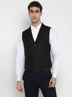 Turtle - Men Poly-Viscose Black Self Design Slim Fit Casual Waistcoat