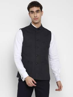 Turtle - Men Poly Viscose Stretch Slim Fit Black Nehru Jacket