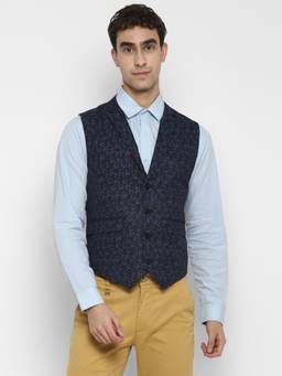 Turtle - Men Poly-Viscose Navy Printed Slim Fit Casual Waistcoat