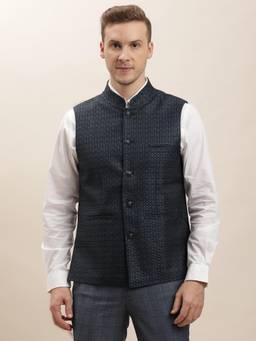 Turtle - Men Terry Rayon Jacquard Navy Blue Nehru Jacket