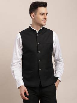 Turtle - Men Cotton Black Solid Formal Nehru Jacket