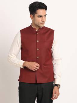 Turtle - Men Terylene Rayon Maroon Solid Formal Nehru Jacket