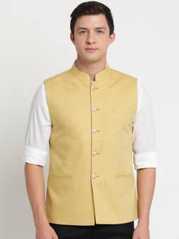 Turtle - Men Poly Cotton Yellow Dobby Print Formal Nehru Jacket