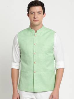 Turtle - Men Poly Cotton Solid Pista Green Nehru Jacket