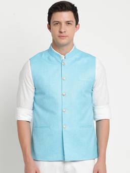 Turtle - Men Poly Cotton Sky Blue Solid Formal Nehru Jacket