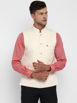 Turtle - Men Cotton Heather Cream Dobby Solid Formal Nehru Jacket
