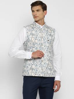 Turtle - Men Cotton Light Blue Dobby Print Formal Nehru Jacket
