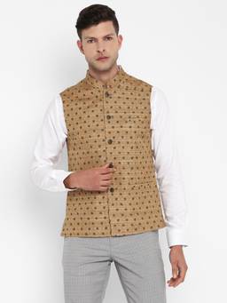 Turtle - Men Cotton Dobby Print Brown Nehru Jacket