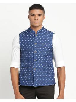 Turtle - Men Cotton Blue Dobby Print Formal Nehru Jacket