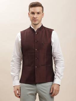 Turtle - Men Cotton Dobby Print Burgundy Nehru Jacket