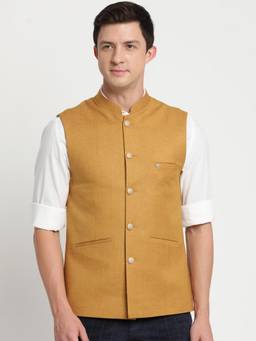 Turtle - Men Cotton Mustard Dobby Solid Formal Nehru Jacket