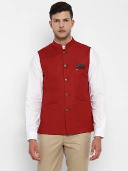 Turtle - Men Cotton Red Dobby Solid Formal Nehru Jacket