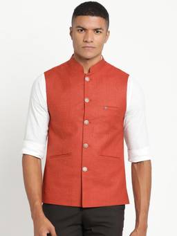 Turtle - Men Terylene Rayon Orange Solid Formal Nehru Jacket