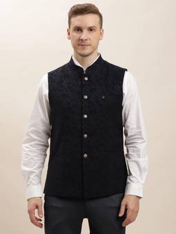 Turtle - Men Cotton Dobby Self Design Navy Nehru Jacket