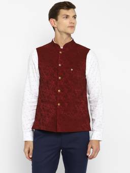 Turtle - Men Cotton Red Dobby Print Formal Nehru Jacket