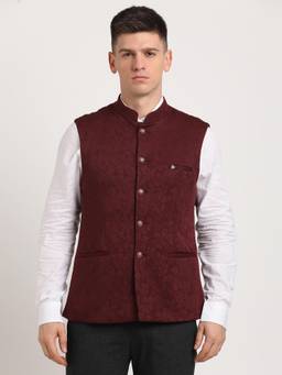 Turtle - Men Poly Rayon Spandex Maroon Dobby Print Formal Nehru Jacket
